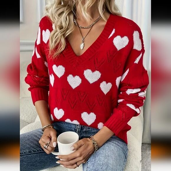 Long-Sleeved V-Neck Heart Patterned Valentines Day Sweater - Sz 20 - Picture 3 of 4